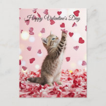 Schattig Kitten Vangt Valentijnshartbloemblaadjes