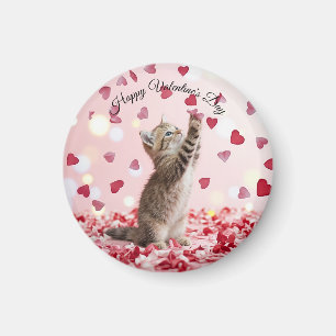 Schattig Kitten Vangt Valentijnshartbloemblaadjes Magneet