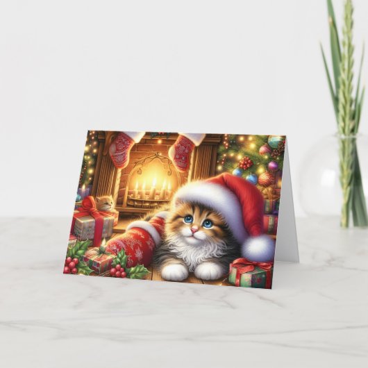 Schattig Kittens bij de Open Haard Kerstmis Feestdagen Kaart (Voorkant)