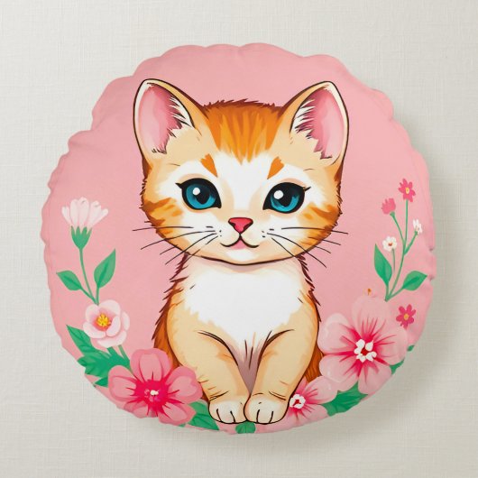 🐱 Schattig Kittens Bloemen Tuin Gelukzaligheid Rond Kussen (Voorkant)