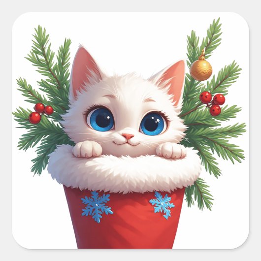 ❄️ Schattig Kittens Kerstkous Kijken 🐾 Vierkante Sticker (Voorkant)