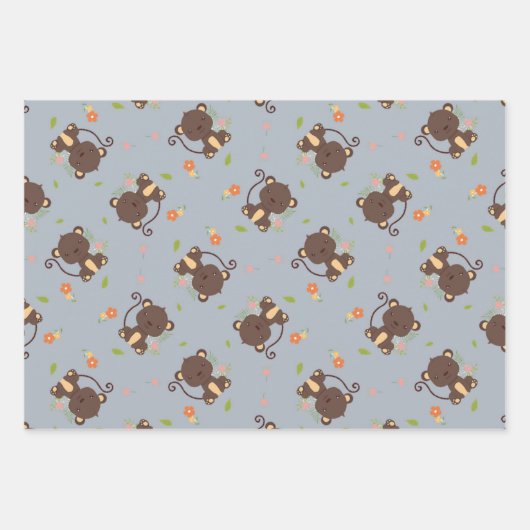 Schattig klein bruin aapje bloemenblauw inpakpapier vel (Voorkant)