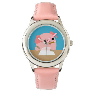 Schattig klein Cartoon varken "Writer's Block" hor Horloge