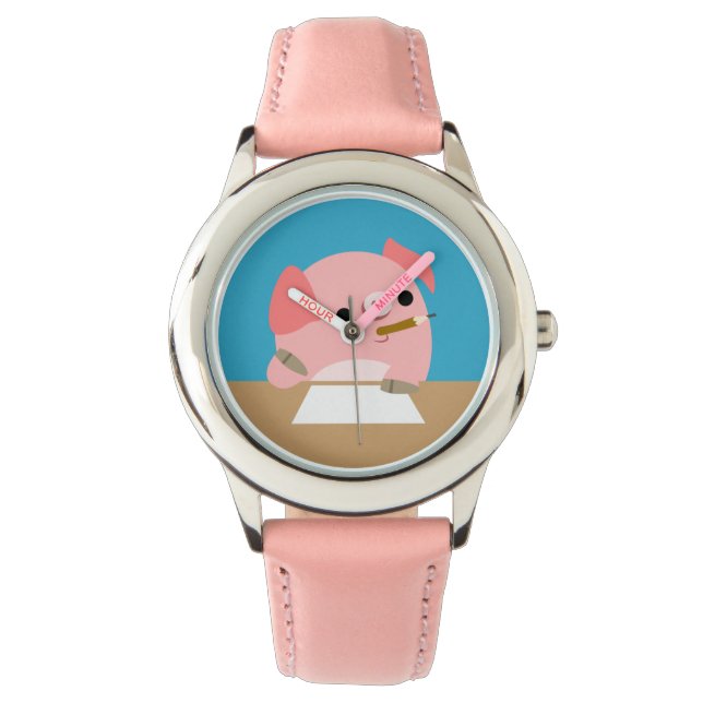 Schattig klein Cartoon varken "Writer's Block" hor Horloge (Voorkant)