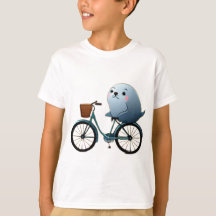 Schattig klein cartoon zeehond op een fiets