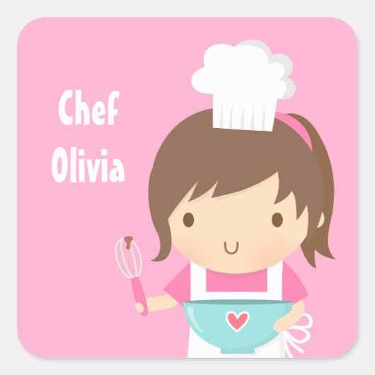 Schattig Klein Chef Bakker Meisje Vierkante Sticker (Voorkant)