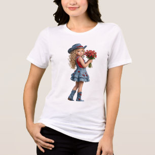 Schattig Klein Cowgirl met Rode Rozen Dames T-Shir Tri-Blend Shirt