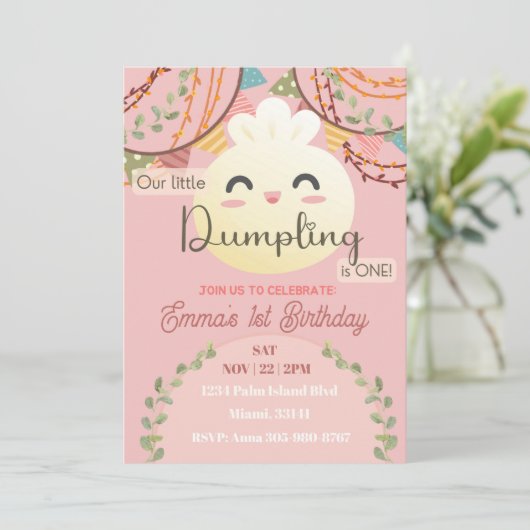 Schattig klein dumpling eerste verjaardag uitnodig kaart (Staand voorkant)