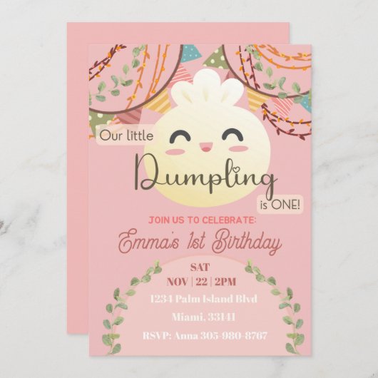 Schattig klein dumpling eerste verjaardag uitnodig kaart (Voorkant / Achterkant)