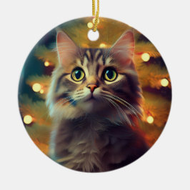 Schattig Klein Katje Speelt Met Kerstbal Keramisch Ornament