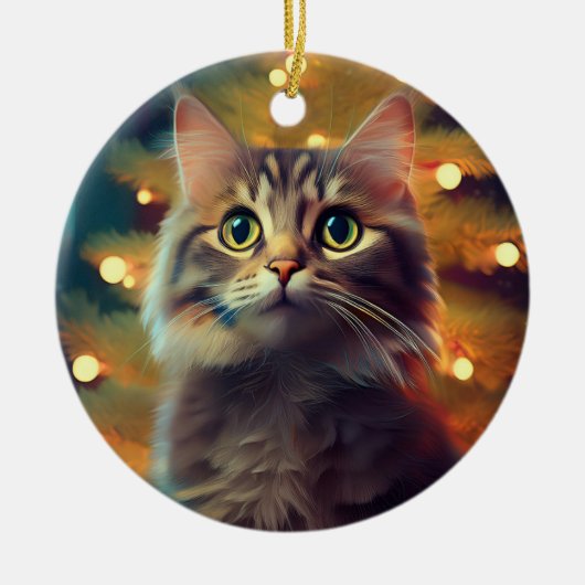 Schattig Klein Katje Speelt Met Kerstbal Keramisch Ornament (Voorkant)