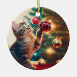 Schattig Klein Katje Speelt Met Kerstbal Keramisch Ornament
