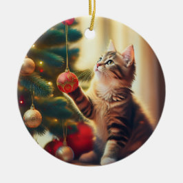 Schattig Klein Katje Speelt Met Kerstbal Keramisch Ornament