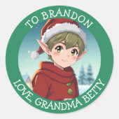 Schattig Klein Kerst Elf Gepersonaliseerd van en a Ronde Sticker (Voorkant)