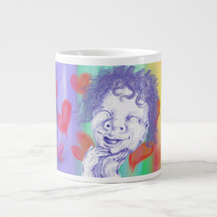 Schattig klein kind dat lacht van plezier grote koffiekop