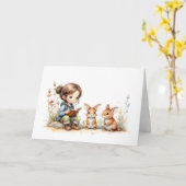 Schattig Klein Meisje Blauwe Ogen Boek Konijnen Bl Kaart (Gele Bloem)