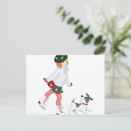 Schattig klein meisje dat skateeg op ijs en hond briefkaart (Staand voorkant)