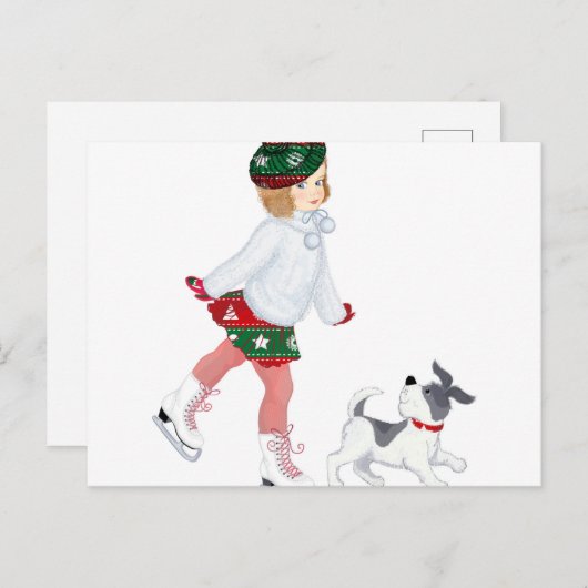 Schattig klein meisje dat skateeg op ijs en hond briefkaart (Voorkant / Achterkant)