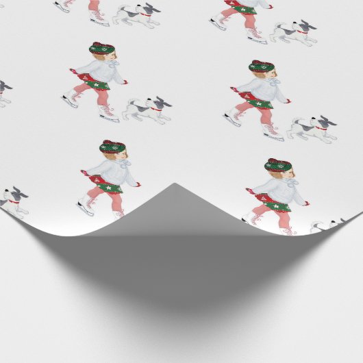 Schattig klein meisje dat skateeg op ijs en hond cadeaupapier (Hoek)