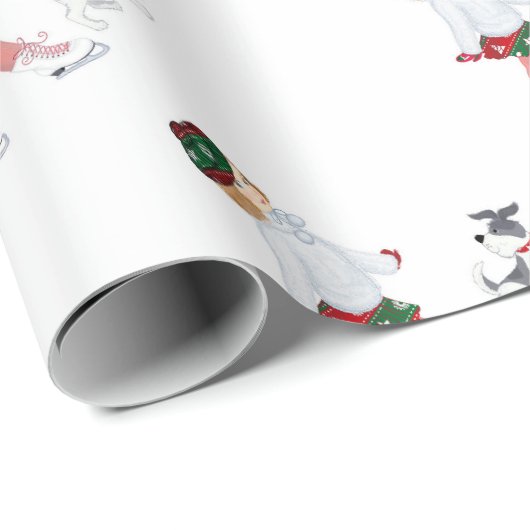 Schattig klein meisje dat skateeg op ijs en hond cadeaupapier (Rol Hoek)