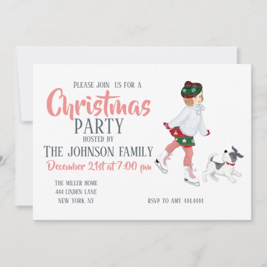 Schattig klein meisje dat skateeg op ijs en hond kaart (Voorkant)