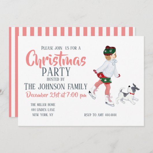 Schattig klein meisje dat skateeg op ijs en hond kaart (Voorkant / Achterkant)