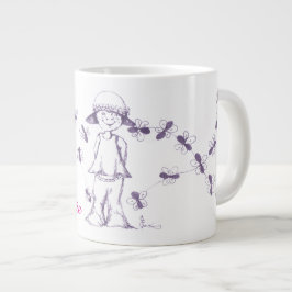 Schattig klein meisje dat tekeningen maakt met bij grote koffiekop