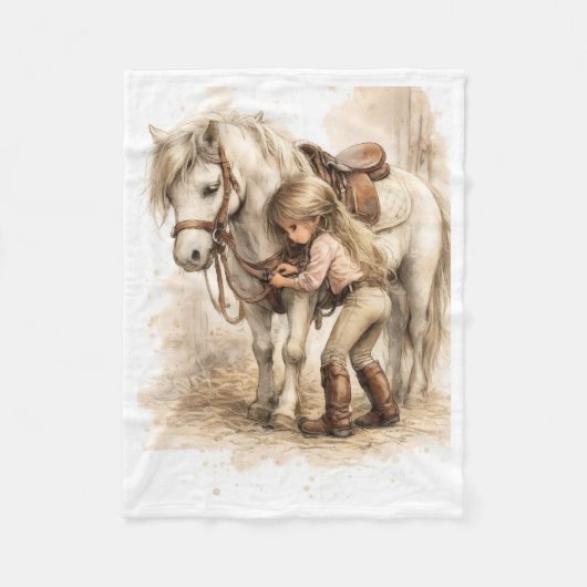 Schattig Klein Meisje dat Witte Paard Knuffelt Fle Fleece Deken (Voorkant)