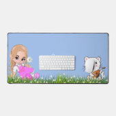 Schattig klein meisje en kat met bloemen bureaumat (Keyboard & Muis)