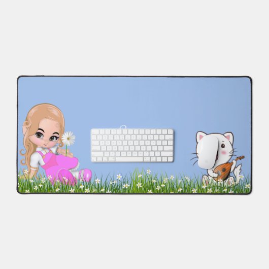 Schattig klein meisje en kat met bloemen bureaumat (Keyboard & Muis)