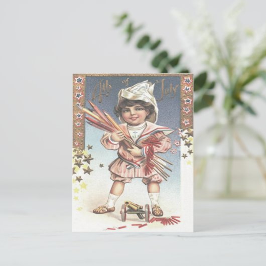 Schattig klein meisje fles raketten vuurwerk briefkaart (Staand voorkant)