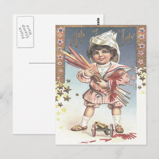 Schattig klein meisje fles raketten vuurwerk briefkaart (Voorkant / Achterkant)