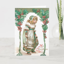 Schattig Klein Meisje Hulst Feestdagen Kaart