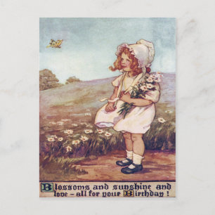 Schattig Klein Meisje Madeliefjes Vlinder Veld Briefkaart