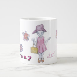 Schattig klein meisje met handtas die verkleedt grote koffiekop