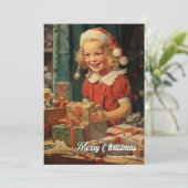 schattig klein meisje met kerstcadeaus feestdagenkaart (Staand voorkant)