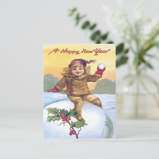 Schattig klein meisje sneeuwbal holly sneeuw briefkaart (Staand voorkant)