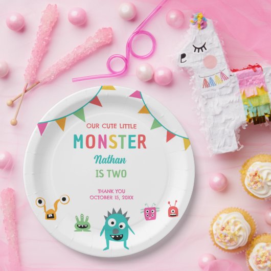 Schattig klein monster verjaardag jongen Halloween Papieren Bordje (Feest)
