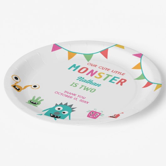 Schattig klein monster verjaardag jongen Halloween Papieren Bordje (Gekanteld)
