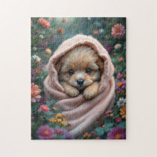 Schattig, klein, pluizig puppy omringd door bloeme legpuzzel