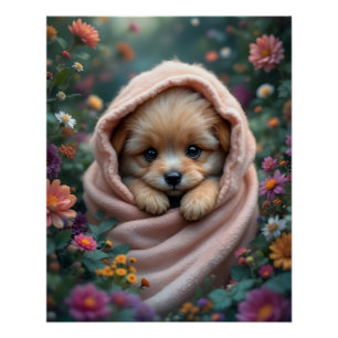 Schattig, klein, pluizig puppy omringd door bloeme perfect poster