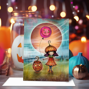 Schattig klein pompoen meisje halloween kunst kaart