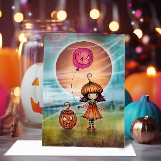 Schattig klein pompoen meisje halloween kunst kaart