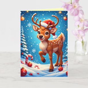 Schattig Klein Rendier Kerstman Santa Hoed Winter Kaart
