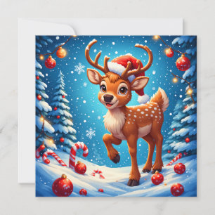 Schattig Klein Rendier Kerstman Santa Hoed Winter Kaart