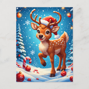 Schattig Klein Rendier Kerstmis Kerstman Hoed Wint Briefkaart