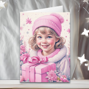 Schattig Klein Vintage Meisje in Roze Retro Kerstm Kaart