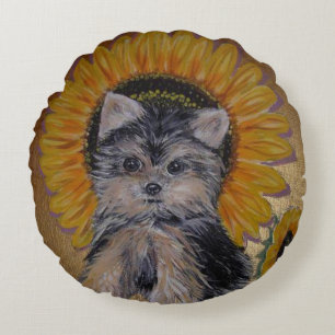 Schattig klein Yorkie en zonnebloemen Rond Kussen