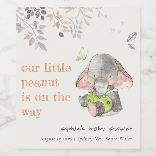 Schattig kleine pinda olifant bladeren Baby shower Wijn Etiket (Enkel label)