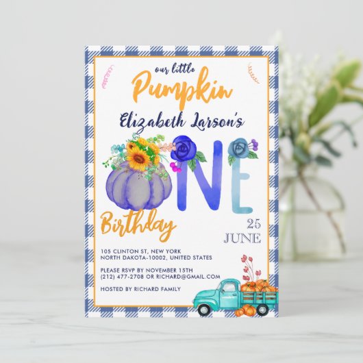Schattig kleine pompoen verjaardag blauwe truck th kaart (Staand voorkant)